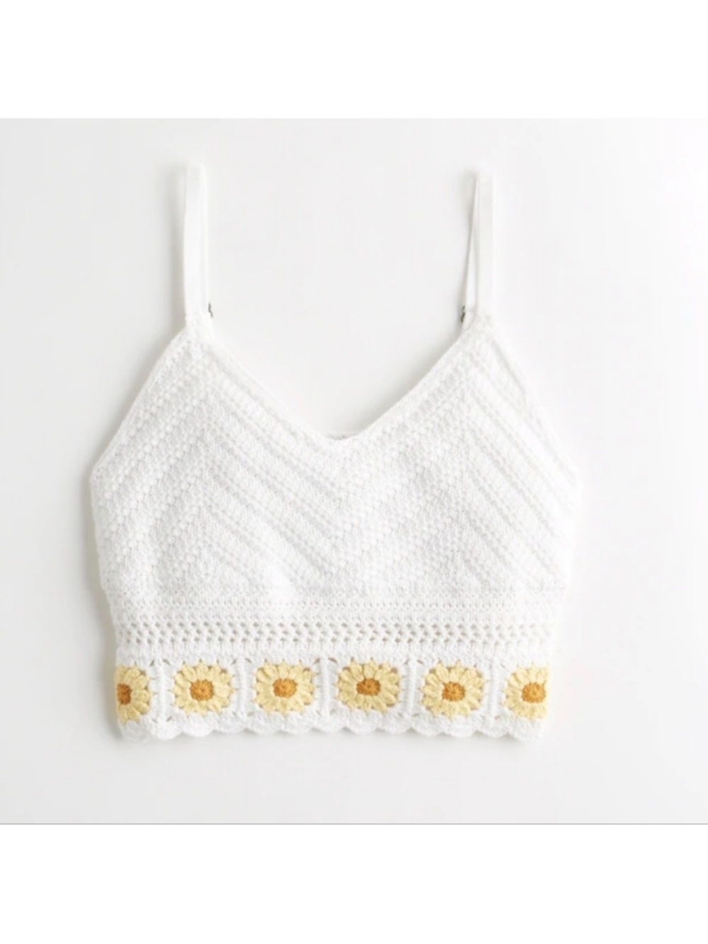 🦋 Hollister Cropped Crochet Top White Knit Sunflower Daisy Long Line Hippie, M